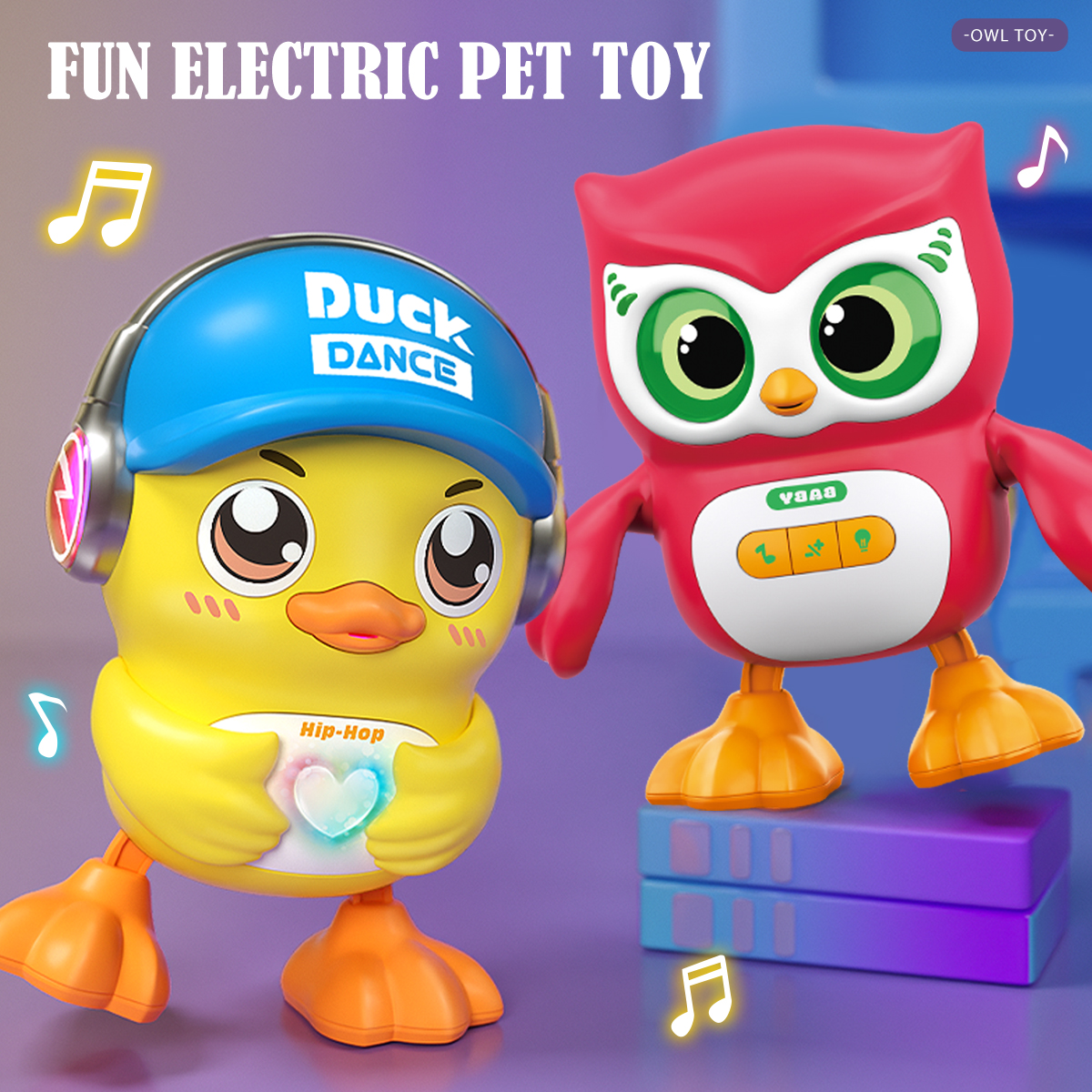 Brinquedo eletrônico de animais fofos, coruja, pato, animal de estimação com luz musical, dança, volume ajustável, modo robô móvel para crianças