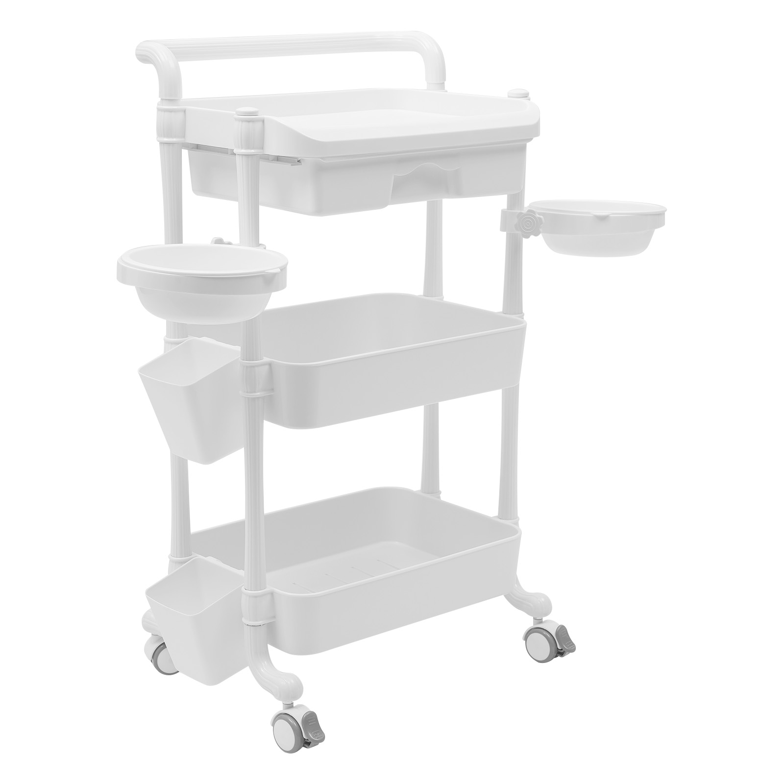 3 Tier Beauty Salon Rolling Trolley Wheelcart Utility Carts with Dirt Buckets Drawers 360°Rotate Wheels