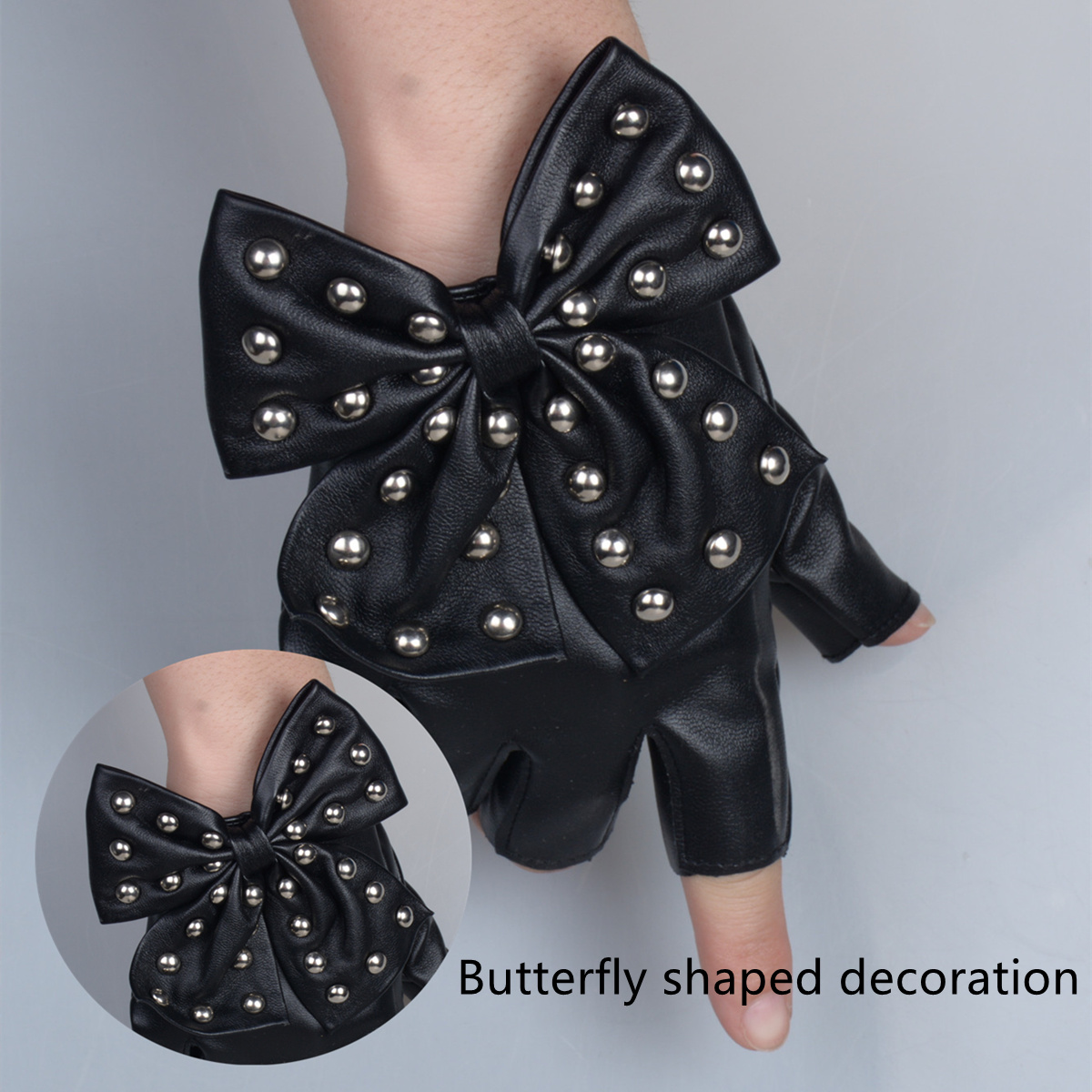Guantes con remaches y lazo para mujer, guantes de medio dedo para actuación, guantes para baile en club nocturno y escenario