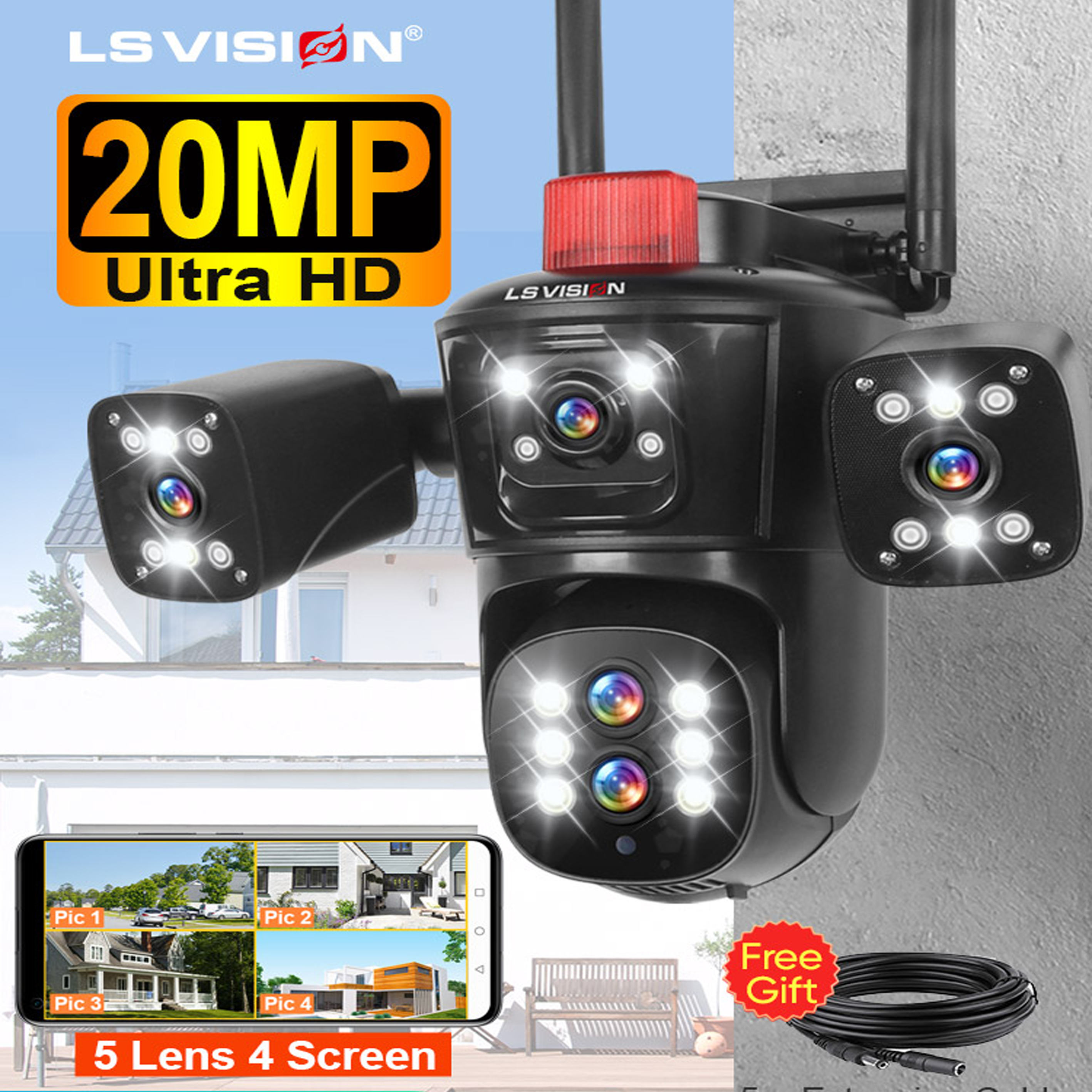 LS VISION 20MP Wifi Surveillance Camera 10X Zoom 4*Screens Outdoor Wireless Security Cameras 10k Human Detection Auto Tracking