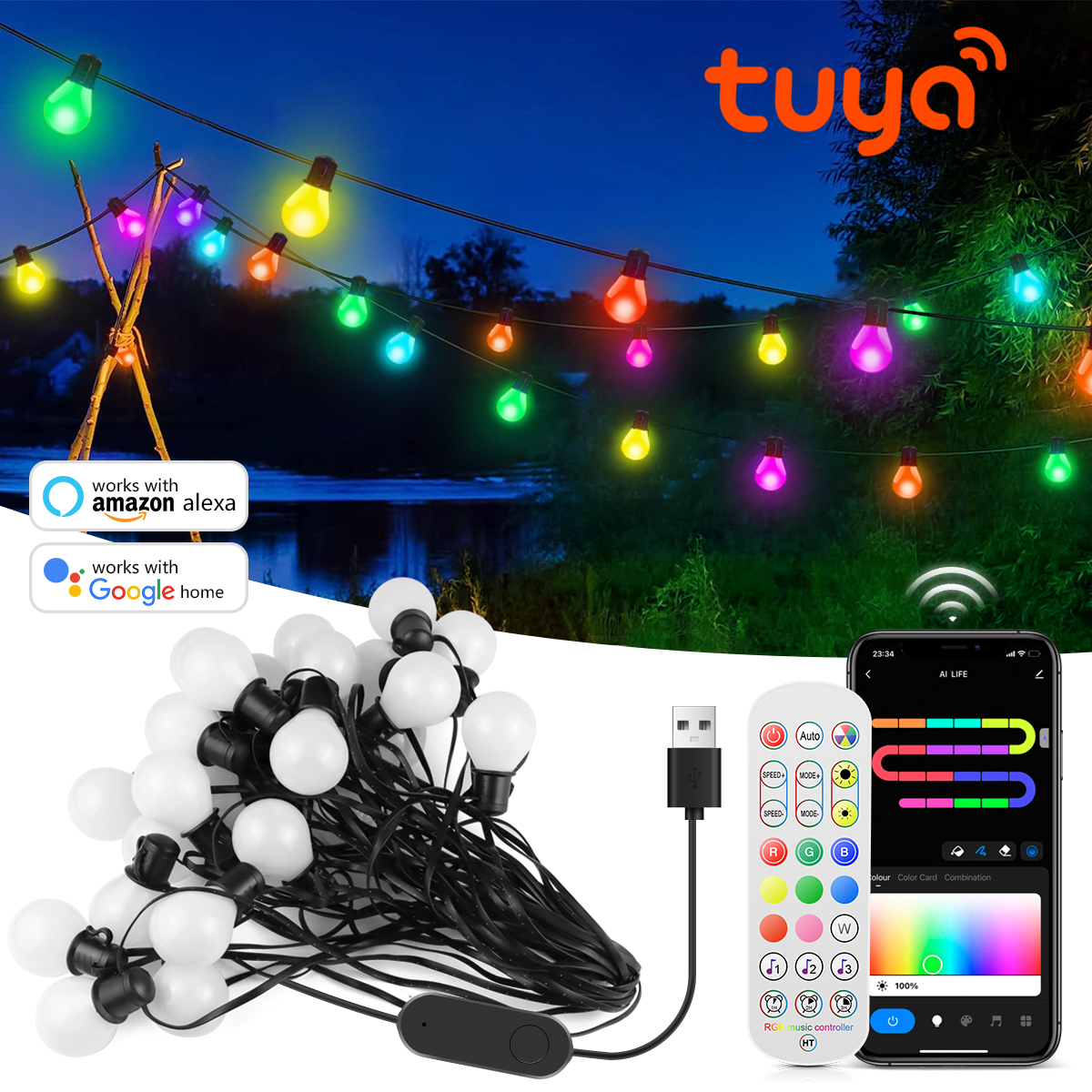 Tuya Smart Wifi LED Glühbirne String Licht USB 15m 25 Glühbirnen Lichterketten Weihnachts zimmer Outdoor Garten Dekor Hochzeit LED Girlande Lampe