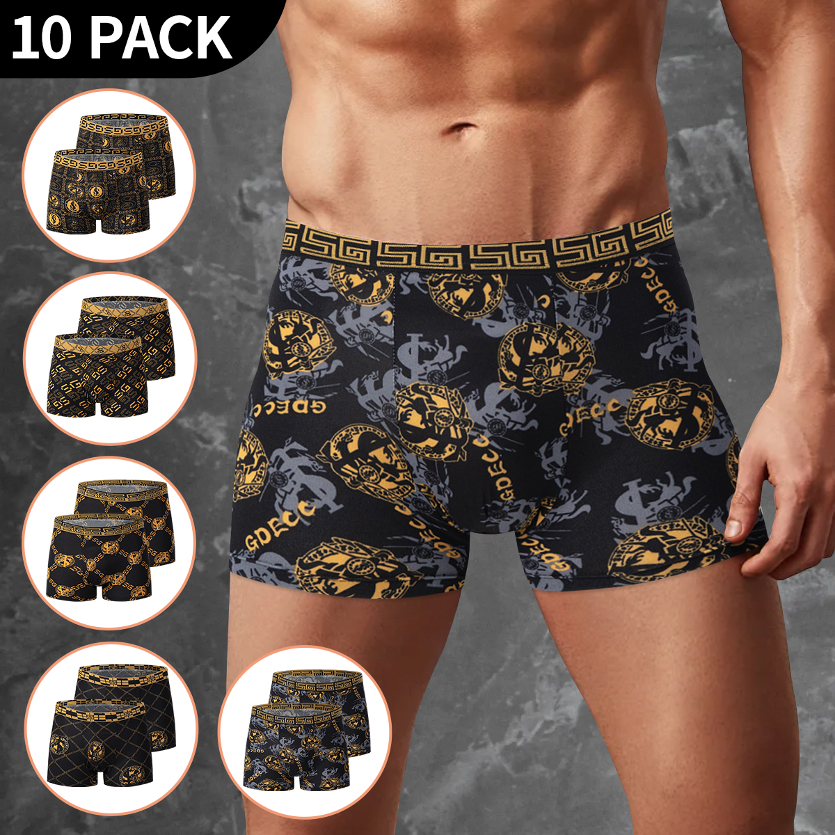 5 /10 Pack Men's Black Gold Printed Boxer Underwear Comfortable And Versatile Plus Size Sexy Young Men's Leisure Sports Beach sh