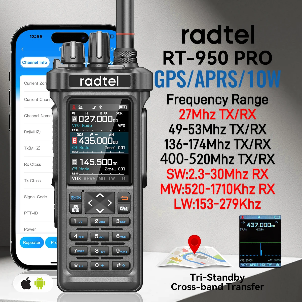 Radtel RT-950 PRO Walkie Talkie AM/FM/CB/LSB/USB/CW Odbiornik z GPS APRS 10W Bluetooth Programowanie Telefonem Radioamatorskie RT-950PRO