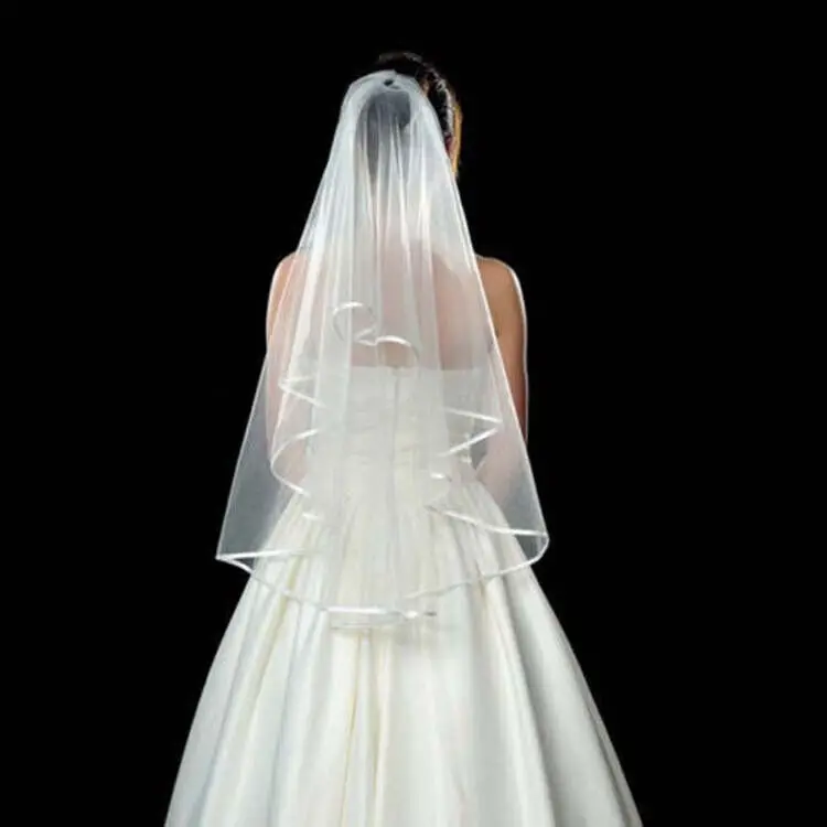 Nuevo Blanco marfil boda 2T codo longitud cinta de satén borde peine novia velos de novia