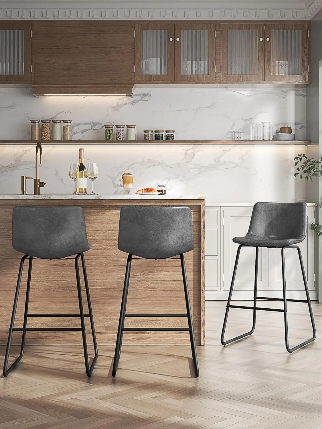 Bar Stools Set of 4, 26 Inches Counter Height Bar Stools with Back, Modern Faux Leather Barstools with Metal Legs and Footrest
