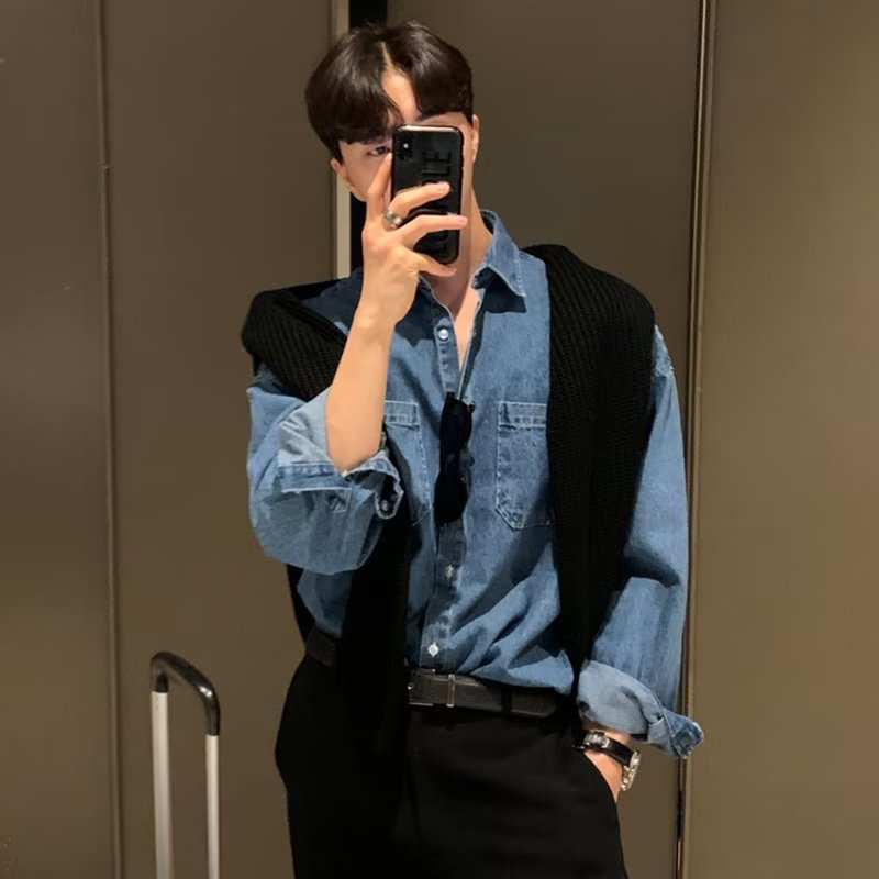 American Retro Denim irt Jaet Men's Lightweight Loose Long Sve High-End Multi-ket Workwear irt Summer Faion