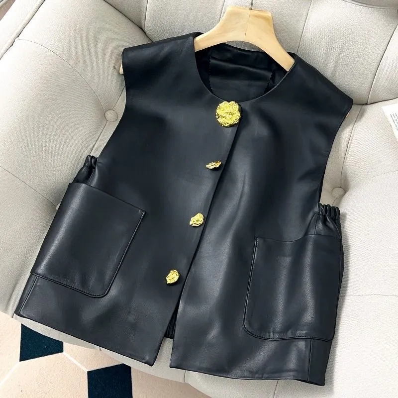 Spring Autumn New High-End Temperament Light Luxury Leather Vest Fashion Design Solid Color Cardigan Jacket Women's Vest Coat