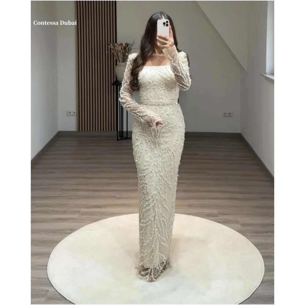 Свадебное платье Contessa Dubai Beading Pearls с квадратным воротником и длинными рукавами, платья de noche Rear Forks فساتين سهرة Customized 2025