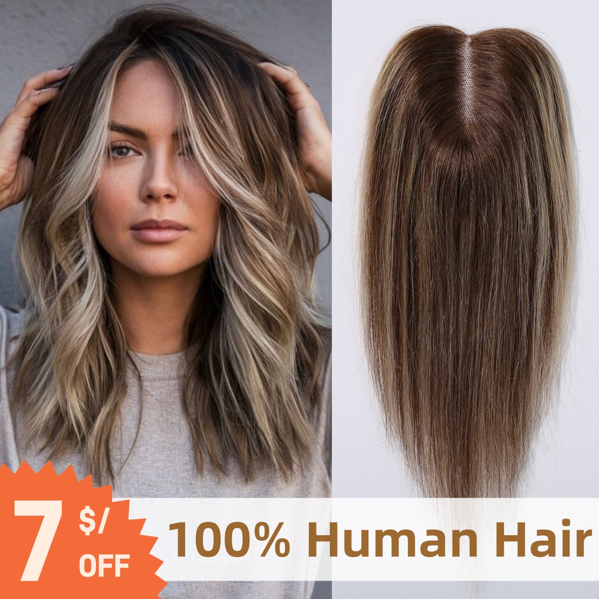 Adornos de cabello humano Rubio mezclado marrón, parte media, 100% cabello humano Remy, Base de encaje liso, Clip en postizos para mujeres, cabello para bajar