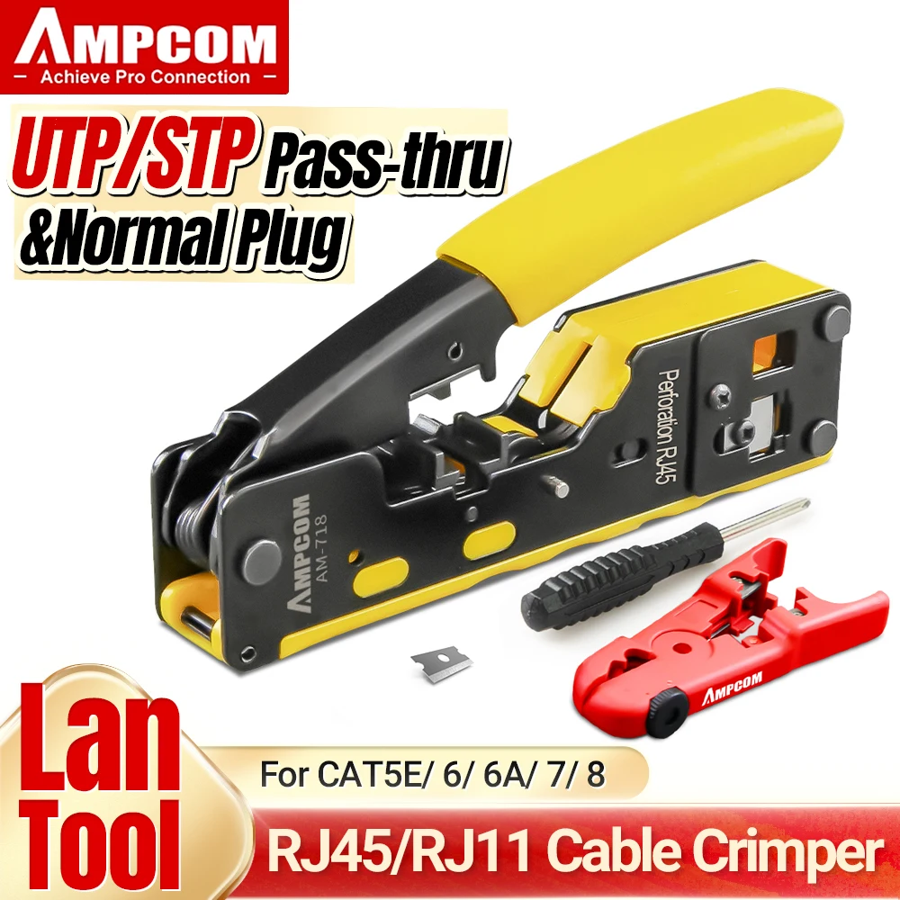 Инструмент для сквозного обжима AMPCOM RJ45 RJ11 для модульных разъемов Ethernet Cat7/6A Cat6/5 со съемником и запасным лезвием