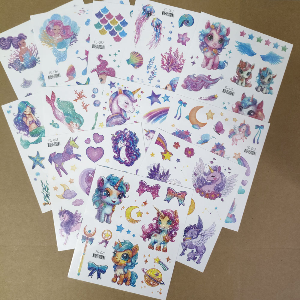 12 Uds. Tatuajes temporales impermeables de unicornio y sirena con purpurina para niños, tatuaje de dibujos animados con Flash de arcoíris para niños, tatuaje falso corporal