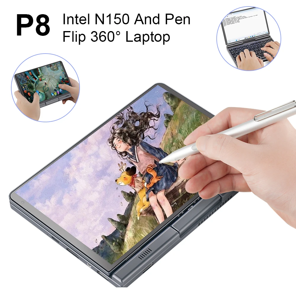 【P8】Flip 180° Mini Laptop 12th Gen Intel N150 Core 8 Inch computer LPDDR5 12GB 1TB 4800MHz WiFi 6 BT5.2 PCI-E Business Laptop