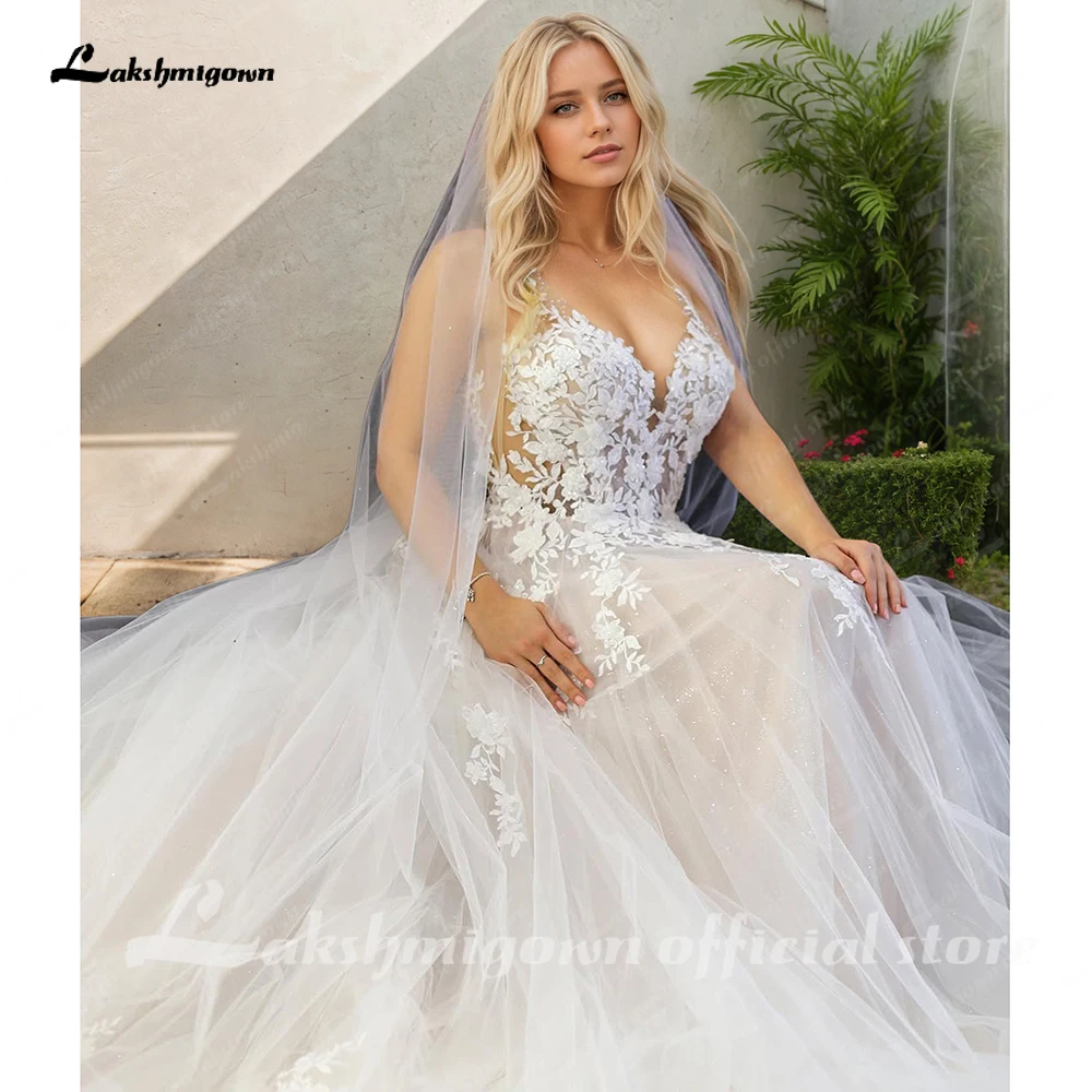 Lakshmigown Corpetto sfoderato FLowy A Line Abito da sposa in tulle con scollo a V Abito da sposa Abito da sposa da spiaggia Abito da sposa personalizzato
