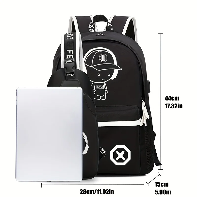 2 pz/set zaino Casual da uomo semplice e di grande capacità, borsa a tracolla con stampa di cartoni animati da viaggio e Set di borse sul petto