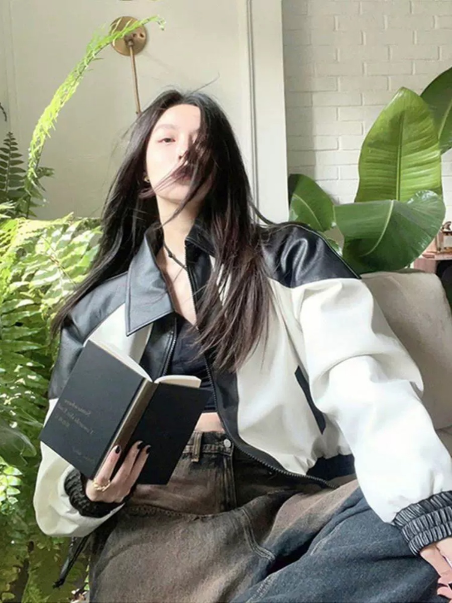 Blouson en cuir à manches longues pour femmes, vintage, chic chinois, noir et blanc, printemps automne