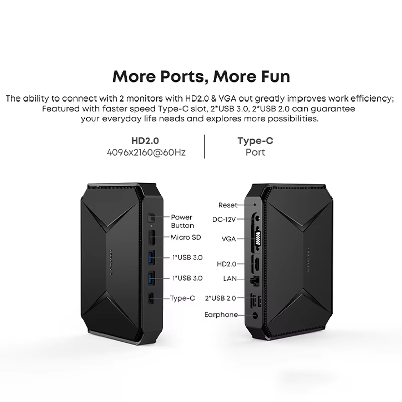 CHUWI Herobox Mini PC Intel 12th N100 3.4GHz 8GB LPDDR5 256G SSD Windows 11 Wifi 6 Bluetooth 5.2 HDMI 2.0 4K 60Hz Video-uitgang Extra SATA Tot 1T 500g Gewicht