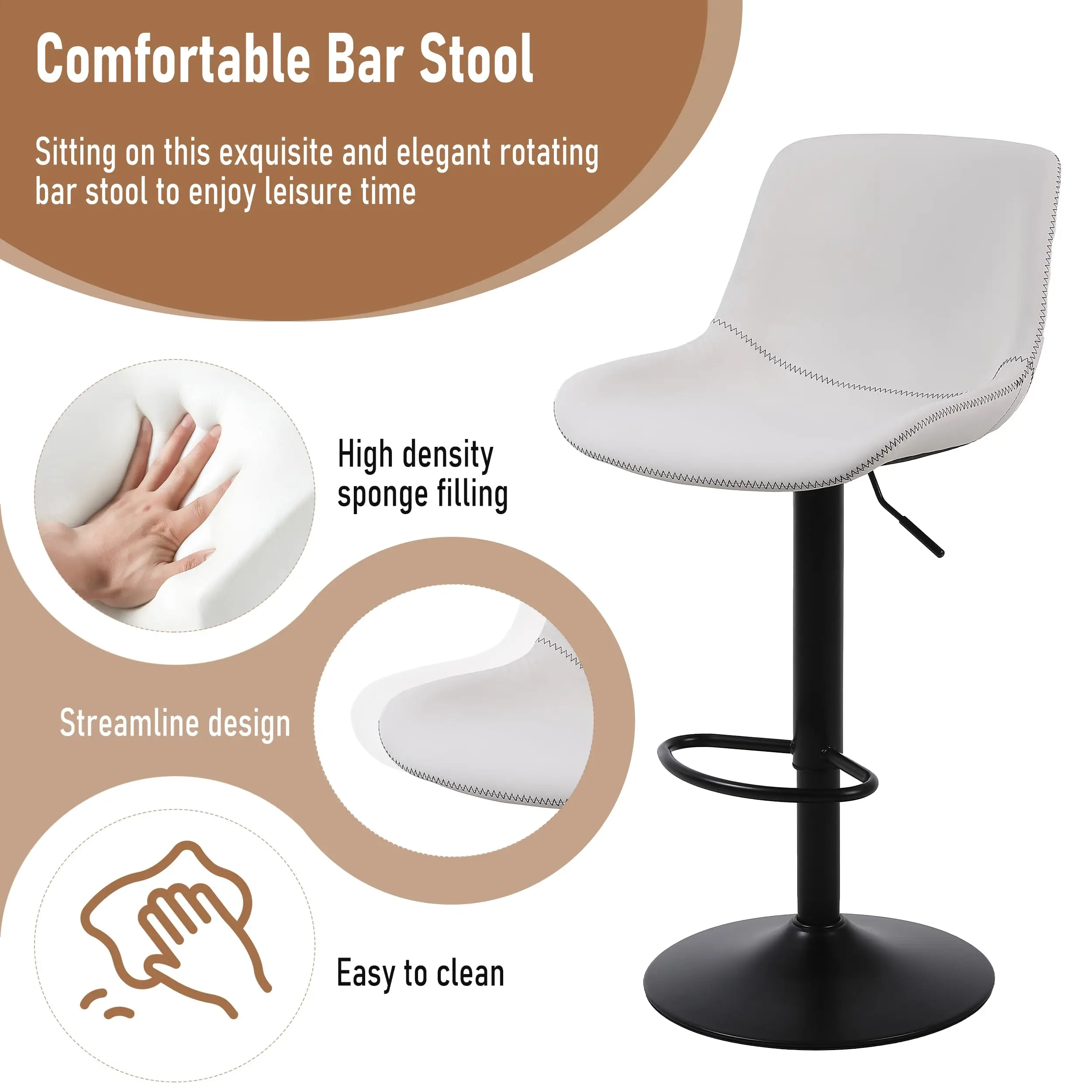 Conjunto de 3 bancos de bar, bancos de bar giratórios com altura de balcão e encosto, cadeiras de bar modernas ajustáveis, couro PU alto sem braços
