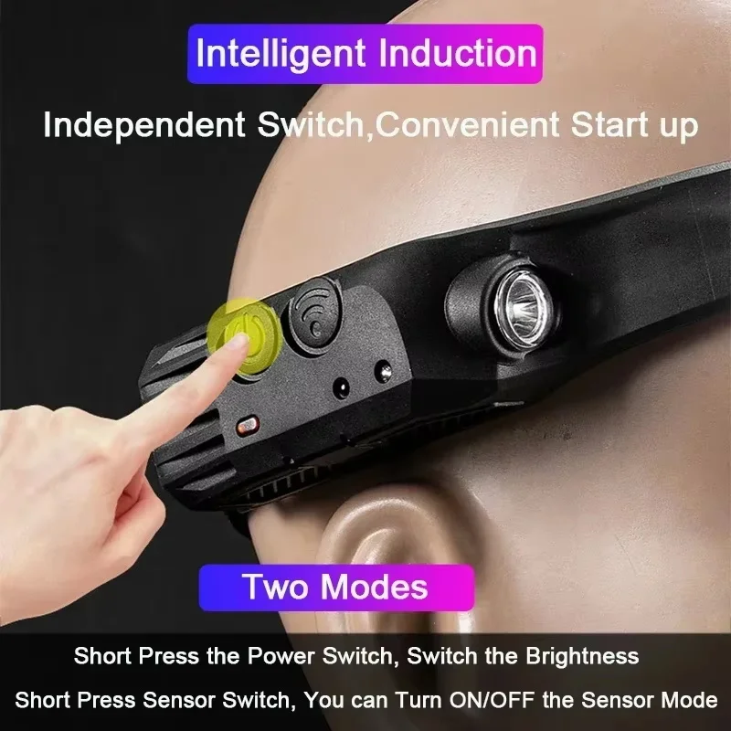 Linterna frontal con Sensor LED recargable por USB, linterna frontal COB, luz de trabajo, resistente al agua, para pesca al aire libre, Camping