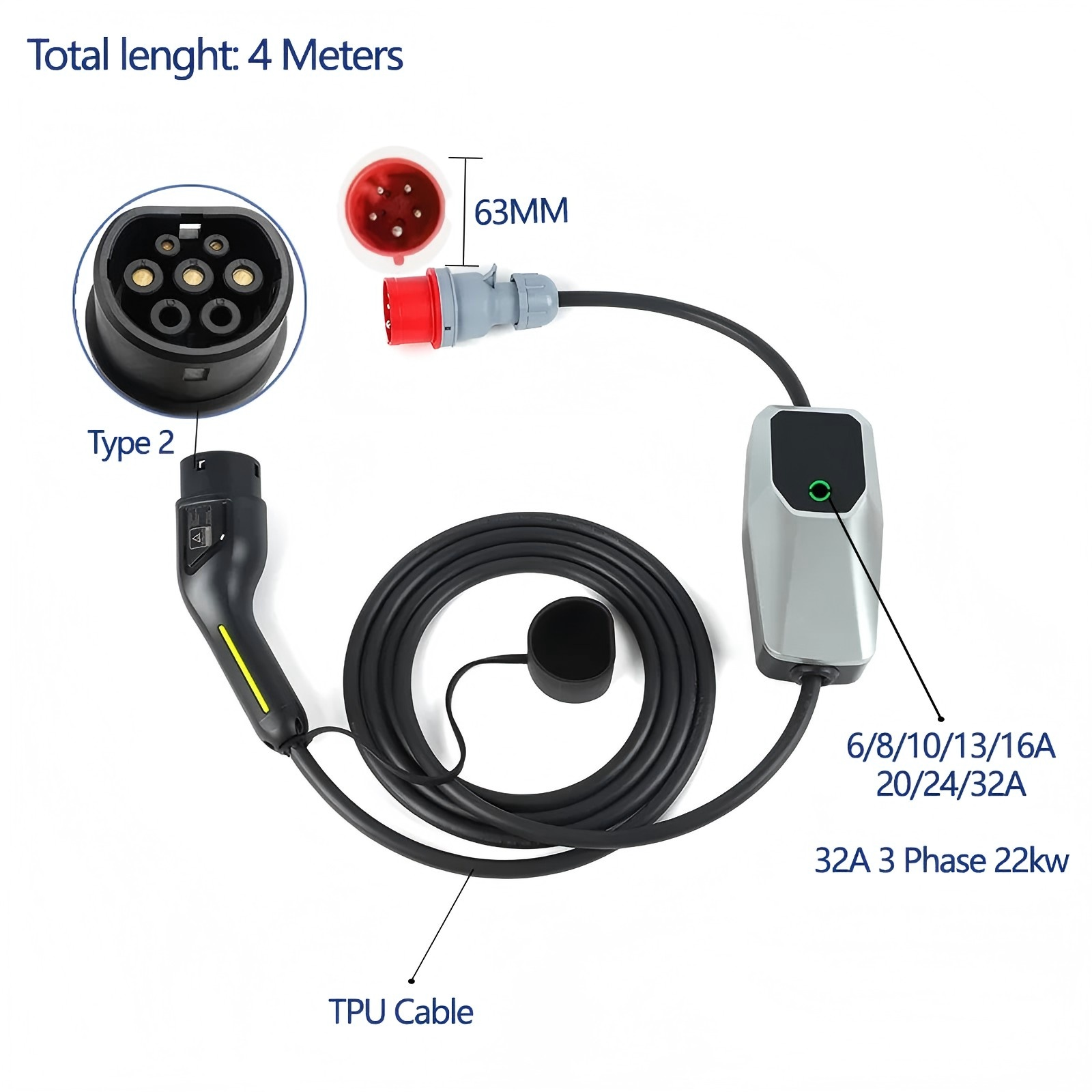 11kw EV Charger 16A 1 fase voor Elektrische Auto 11kw 22kw 6A-16A 4 Meter 10 Meter Draagbare thuis oplader