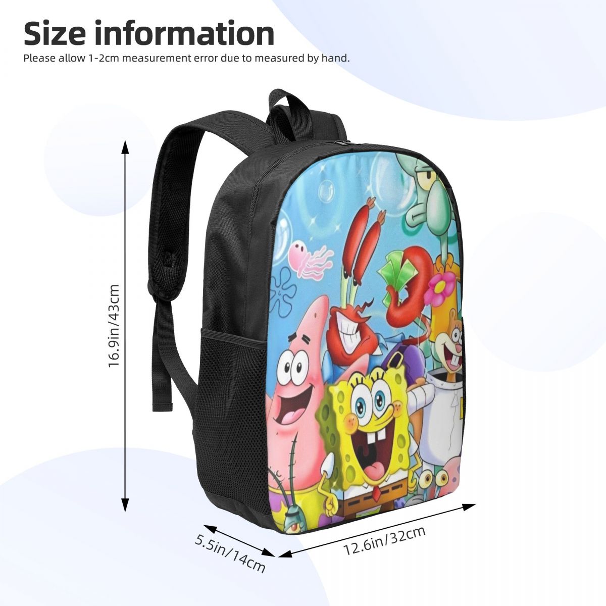 남아와 여아용 간단한 학생 배낭 스폰지 밥, 가볍고 넓은 학교 가방, 17 인치