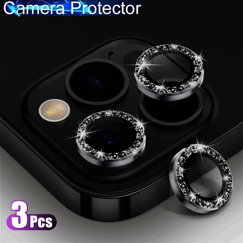 3 pezzi lente protettiva Diamond Bling per iPhone 12 13 Mini 11 14 15 Plus Pro Max protezione decorativa in vetro per fotocamera glitterata
