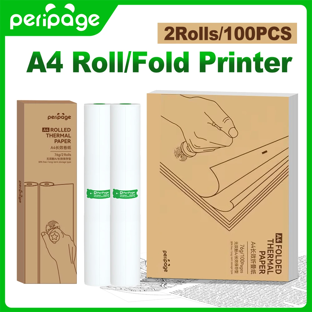 PeriPage 100 pagina's gevouwen A4 thermisch printerpapier voor duurzaam, 8,5 x 11 inch voor A40 printer PocketJet HPRT MT800 MT800Q