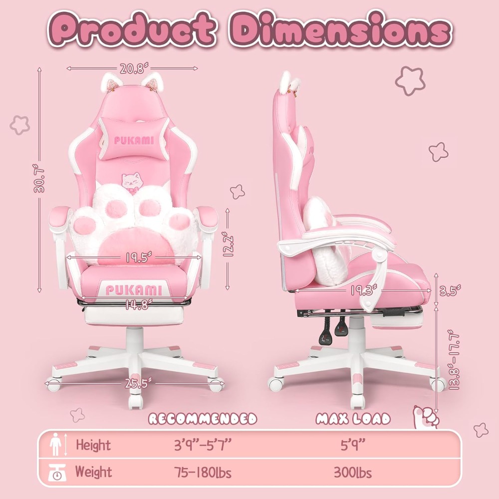 Gaming Chair Cute with Cat Ears and Cat Paw Lumbar Cushion, Ergonomic Computer Chair for Girl with Footrest and Headrest