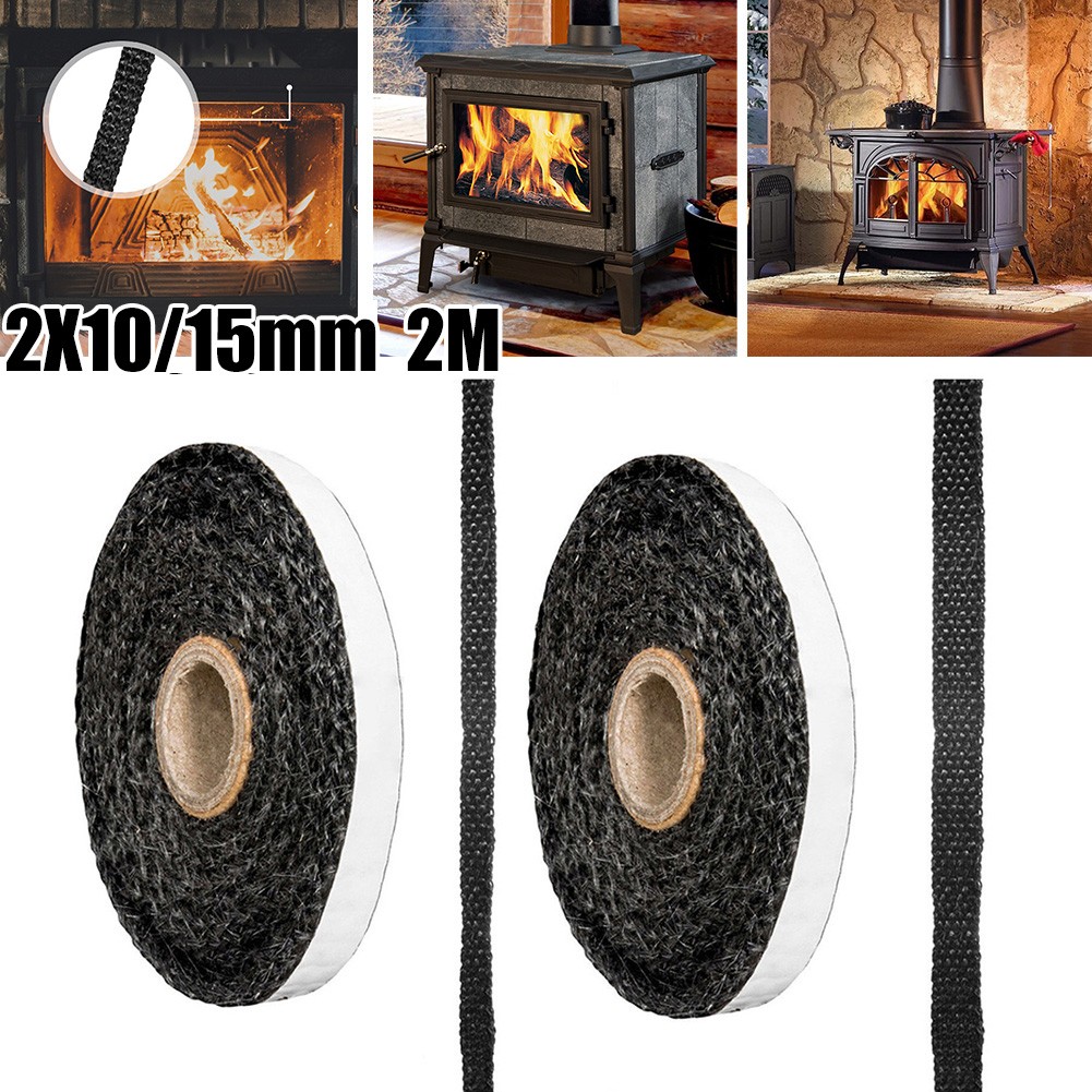 Schwarzes flaches Ofenseil, selbstklebendes Glas-Kamin, Tür, Herd, Kamin, Blaster, Dichtungsstreifen, 2 m x 10 mm/15 mm, Ersatz-Dichtungskabel