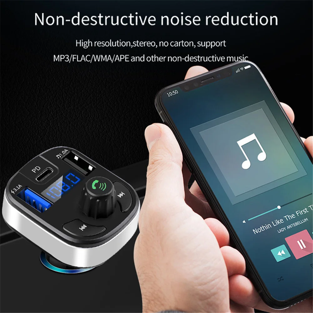 Transmisor FM Bluetooth 5,0 para coche, USB Dual PD tipo C, carga rápida, cargador de coche, micrófono Bluetooth, modulador FM manos libres para coche