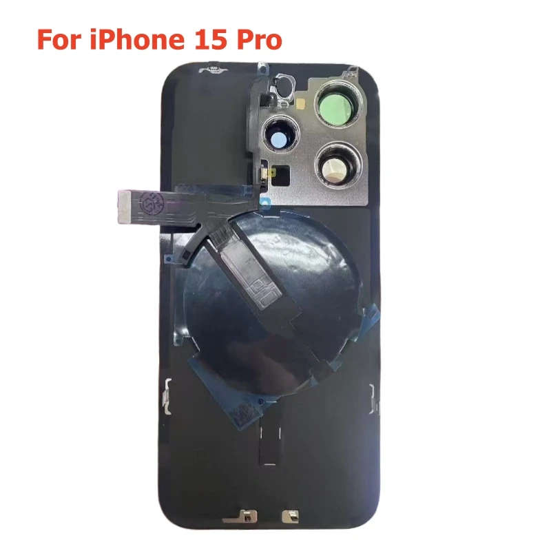 Para iPhone 15 Pro Max 15 Plus cubierta trasera de cristal carcasa de puerta trasera con Cable flexible inalámbrico reemplazo de placa de Metal