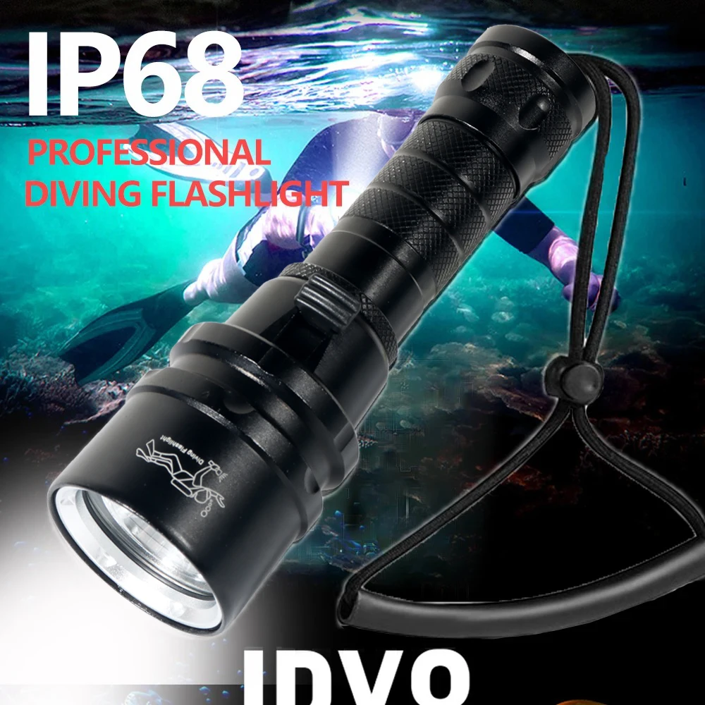 Linterna de buceo de alta potencia IP68, la más alta calificación de impermeabilidad, luz de buceo profesional alimentada por batería 18650 con cuerda de mano