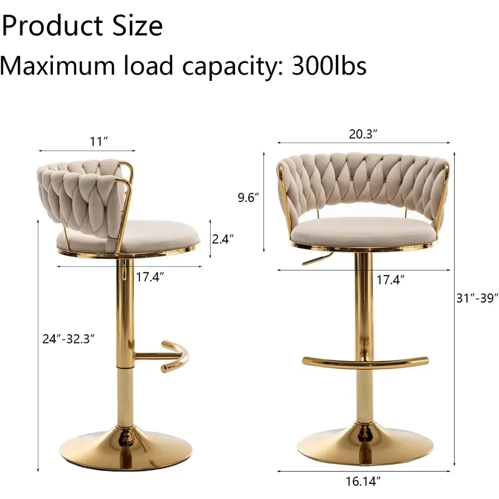 Velvet Stools Set of 4, Counter Height Bar Stools with Low Back, Gold Swivel Bar Stool for Kitchen Island, Bar Pub Stools