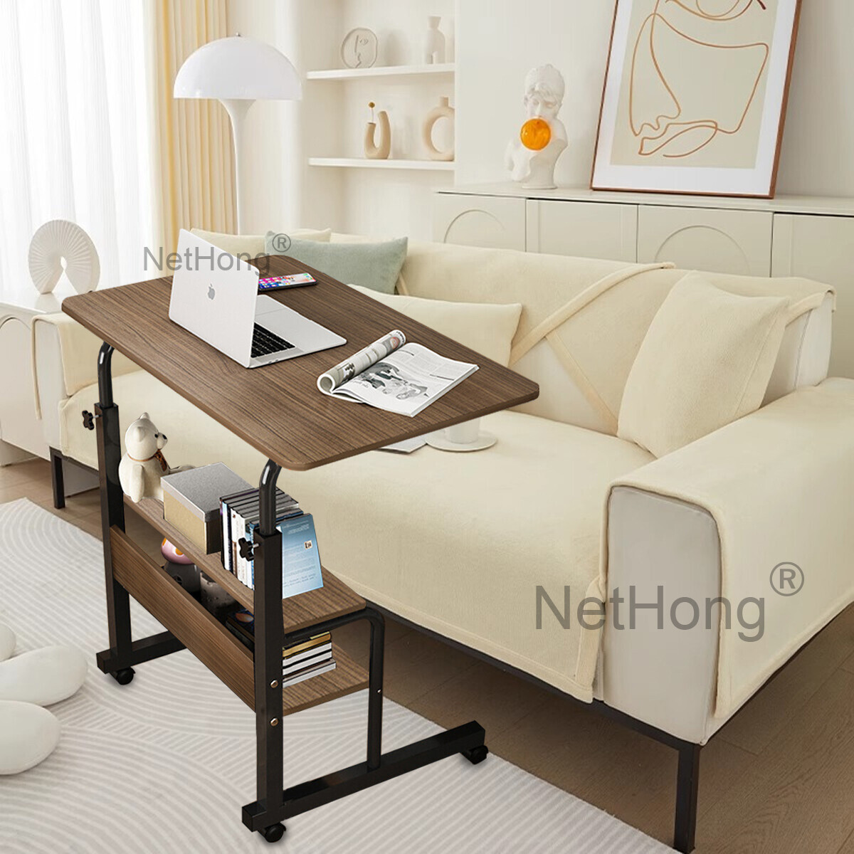 Height Adjustable Mobile Rolling Computer PC Laptop Over Bed Desk Overbed Desk~