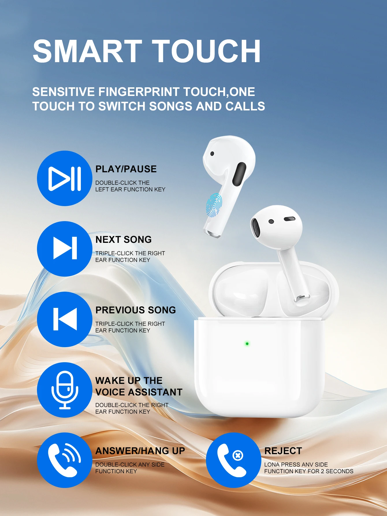 Auriculares inalámbricos con Bluetooth, AirPods falsos, sonido HIFI, Control táctil, música, deportivos, para Iphone, Xiaomi