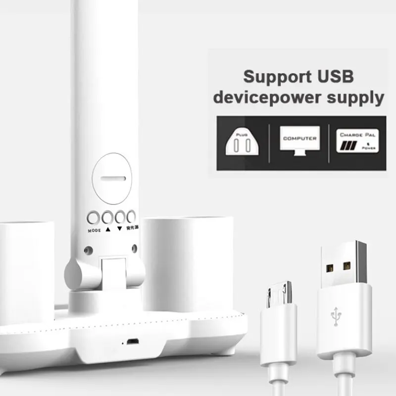Lámpara de mesa con reloj LED, lámpara de escritorio regulable recargable por USB, 2 cabezales, rotación de 180, protección ocular plegable, luz nocturna de lectura