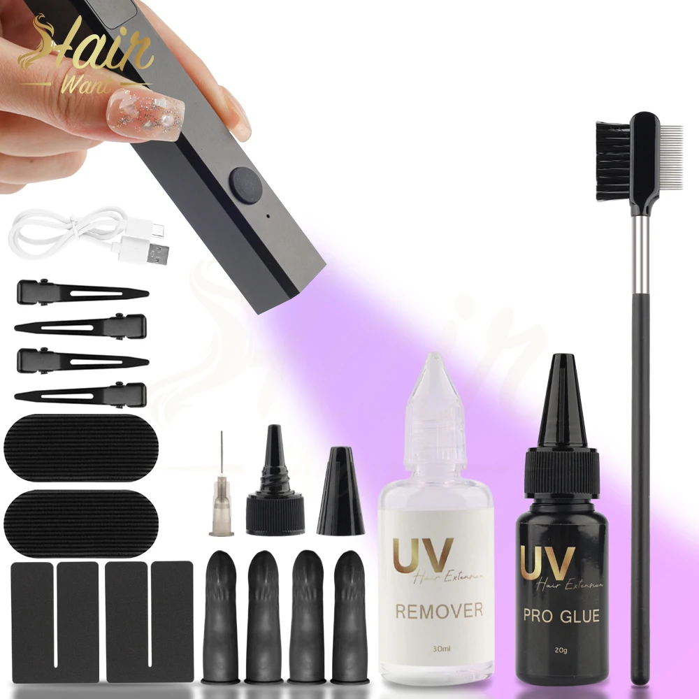Kit de extensiones UV LAMP para cabello humano: máquina UV LAMP, pegamento UV de 20 g, lámpara UV y removedor de 30 ml para uso profesional