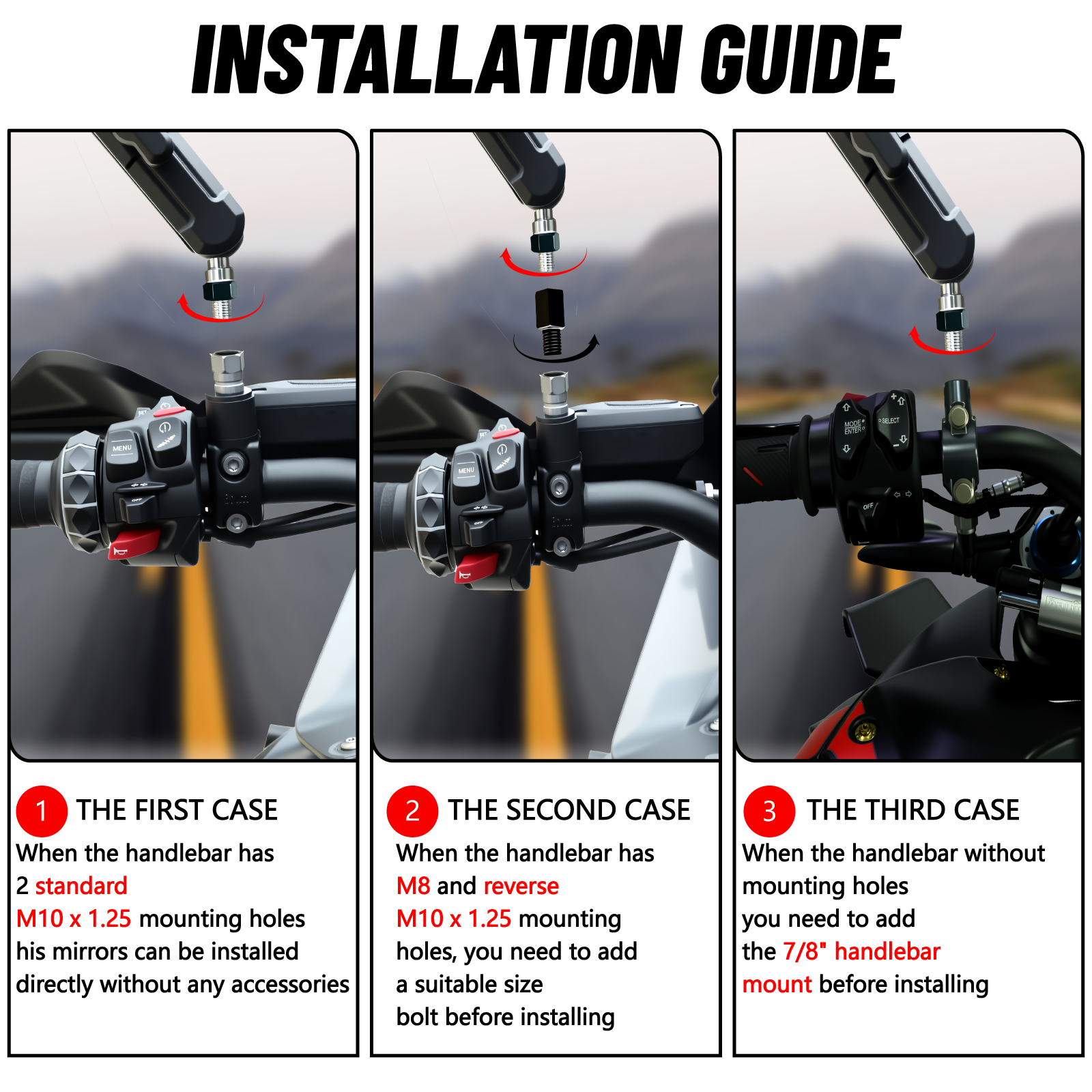 Abenteuerspiegel für Street ATV Dirt Quad Bike Motorrad Rückspiegel Seitenspiegel verstellbar Universal M8 M10 Bolzen Lenkerhalterung