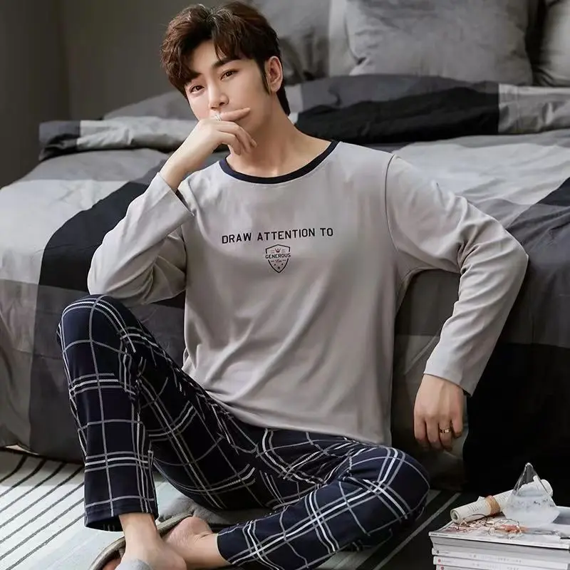 Herren-Pyjama-Set für Frühling und Herbst, langärmelige lange Hose, Studenten-Nachtwäsche, Homewear, zweiteiliges O-Ausschnitt-Oberteil, karierte Hose