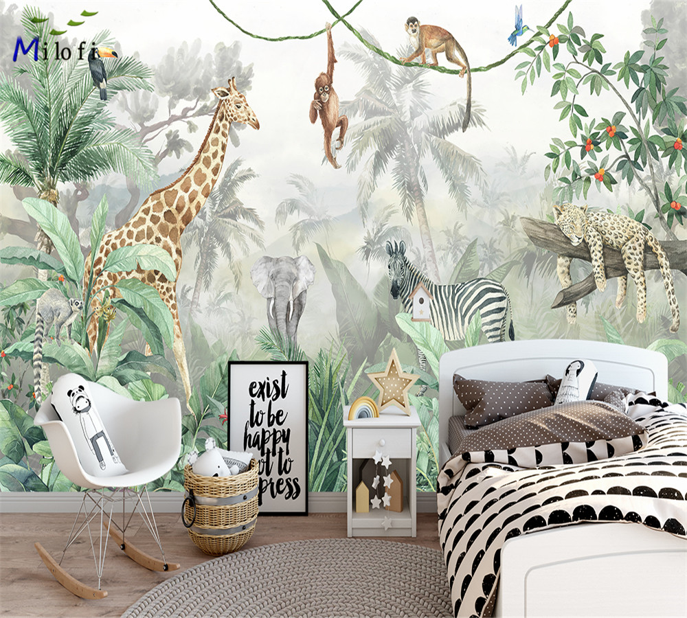 Milofi-papel tapiz 3d personalizado de acuarela para guardería, mural de pared para habitación de niños, papel tapiz de animales 3d, pegatina art deco