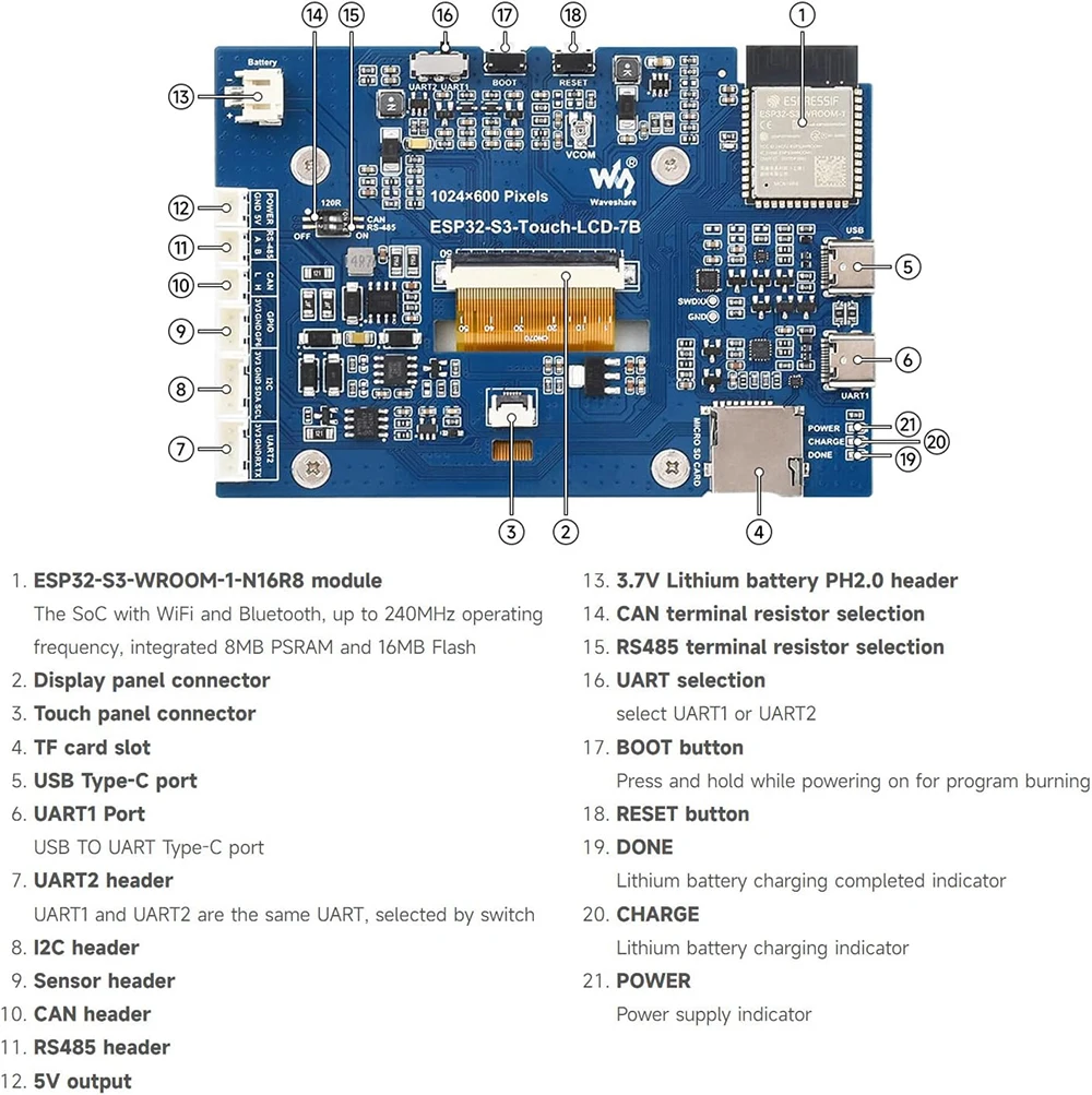Waveshare ESP32-S3 7,0 pulgadas 1024x600 Placa de desarrollo LCD ESP32 pantalla táctil LVGL GUI para Arduino IDE ESP-IDF PlatformIO