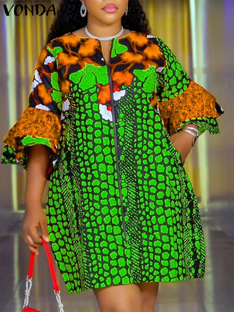 Vonda-ボヘミアンプリントのショートドレス,フレアスリーブ,イブニングドレス,カジュアル,ラージサイズ,5xl,2024