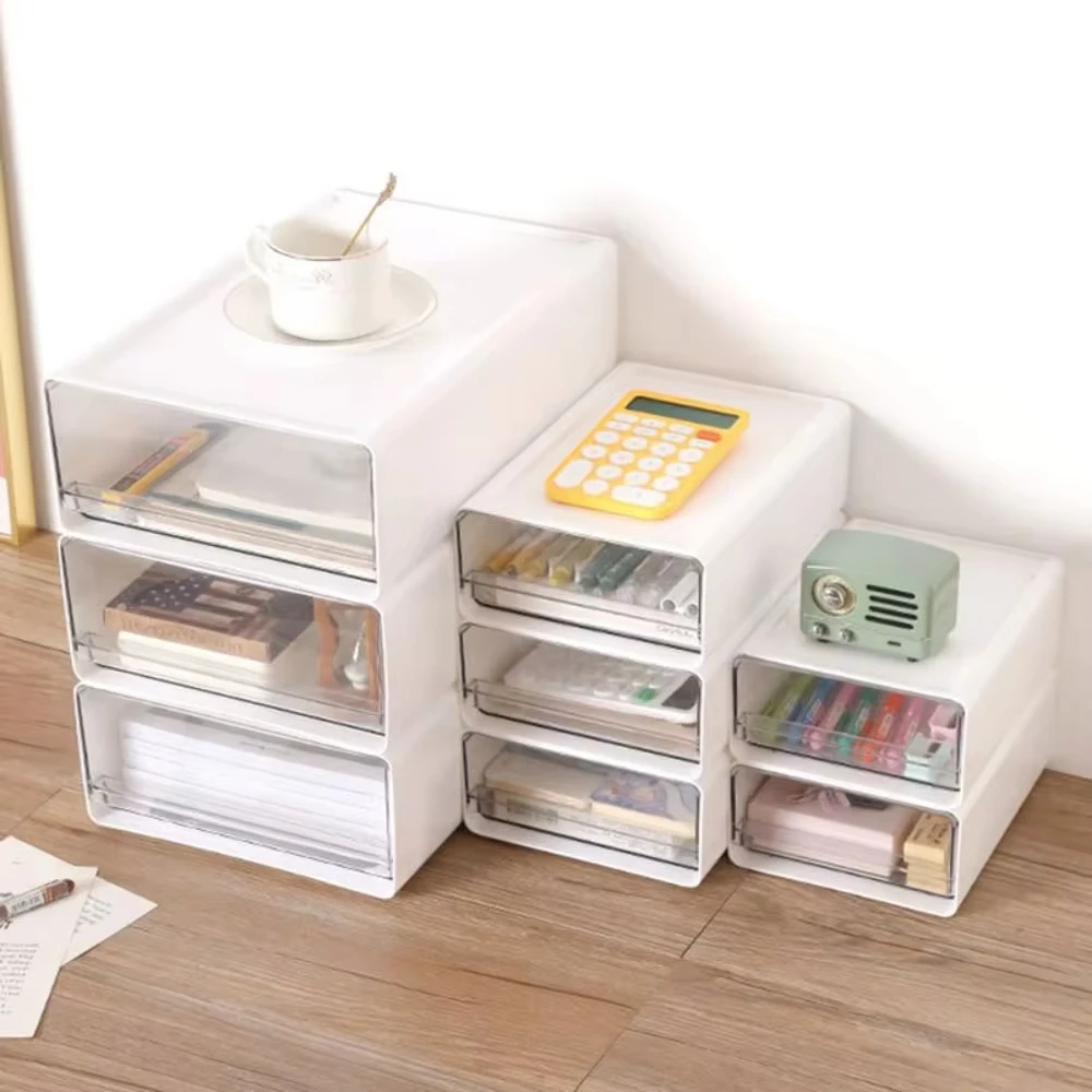 Desktop Storage Boxs Stackable Drawers Stationery Cabinet Desktop Cosmetic Organizer Transparent Office Document Sundries Holder
