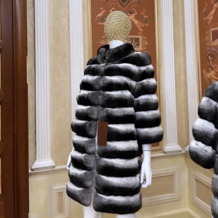 Winter Women's Natural Fur Coat Long Real Rex Rabbit Fur Coat Chinchilla Color Rabbit Fur Jacket