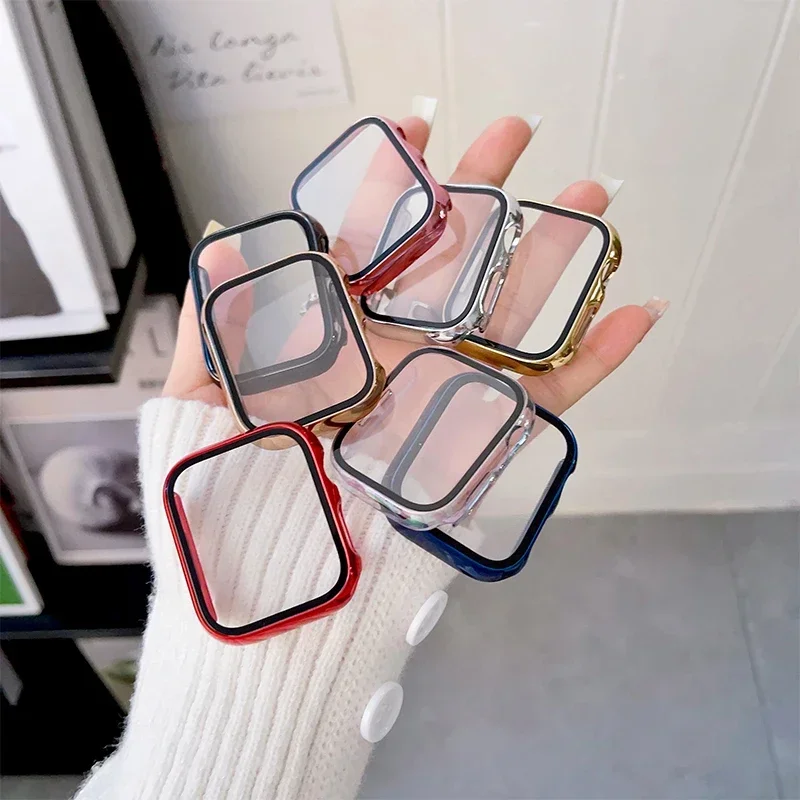 Vidro e Capa para Apple Watch, Case, Para-choques, Protetor de Tela, Série 9-8, Série 7, Série 6, Série 5, Série 4, Série 3, Série SE, 40mm, 44 milímetros, 42 milímetros, 38 milímetros, 41 milímetros, 45 milímetros