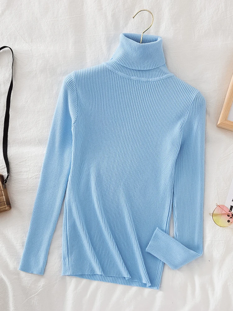 Moda coreana cuello alto mujer Otoño Invierno suéter básico sólido Casual ajustado elástico acanalado tejido Top mujer suéteres