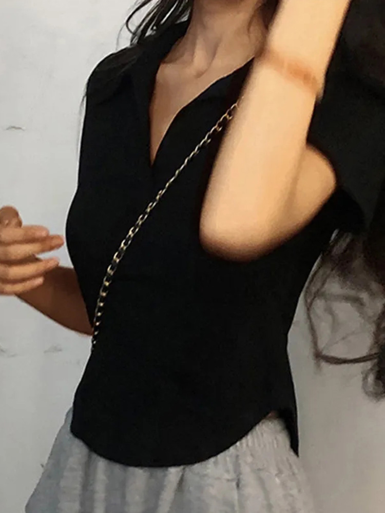 Top estivo con risvolto a maniche corte Pullover con scollo a V solido da donna Camicie dolci retrò Hot Girl Crop Top T-shirt versatile sottile femminile