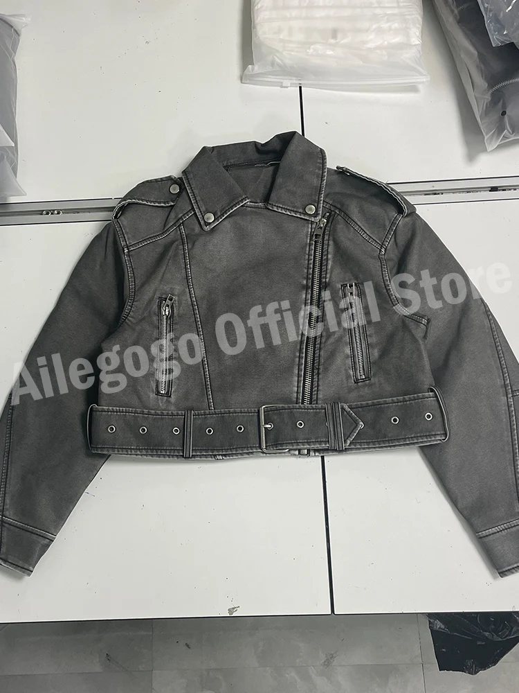 Ailegogo 女性ヴィンテージルース洗浄フェイクレザーショートジャケットストリート女性ジッパーベルトモトバイカーレトロコート生き抜くトップス