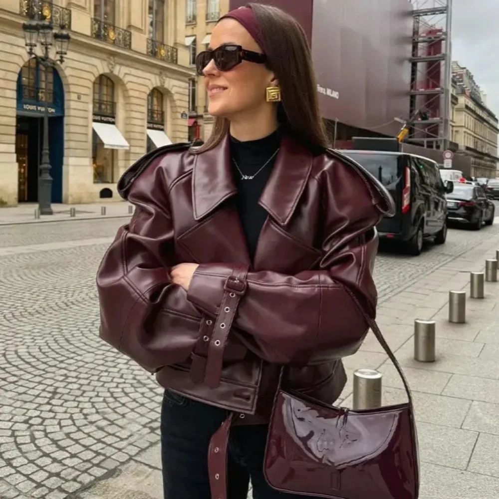Jaqueta de motociclista de couro com lapela vintage, jaqueta bomber feminina, casaco curto, streetwear, manga comprida, à prova de vento, preto, vinho tinto