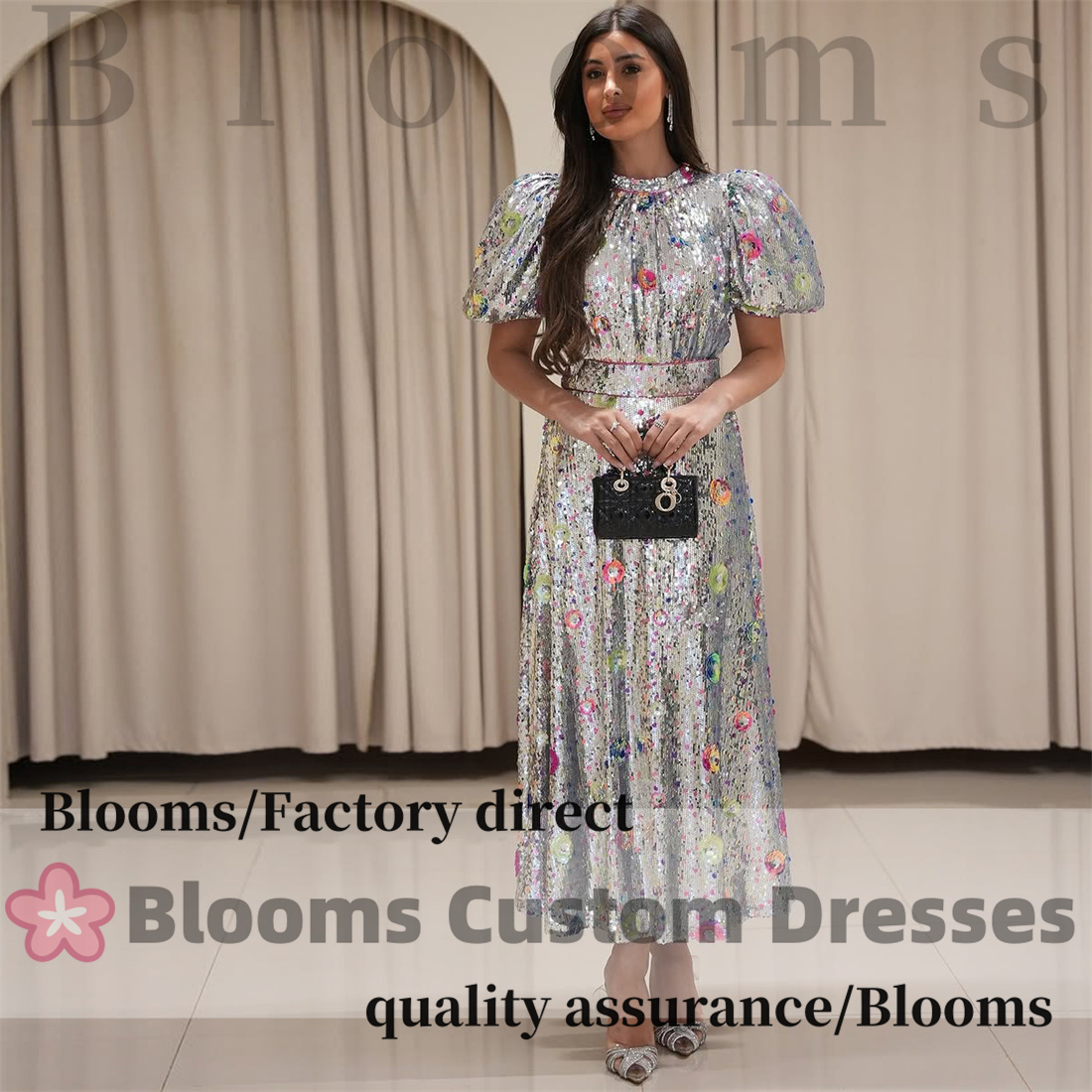 Flores personalizadas floral colorido lantejoulas brilhantes vestidos de noite puff mangas curtas a linha elegante baile de formatura vestido de ocasião formal