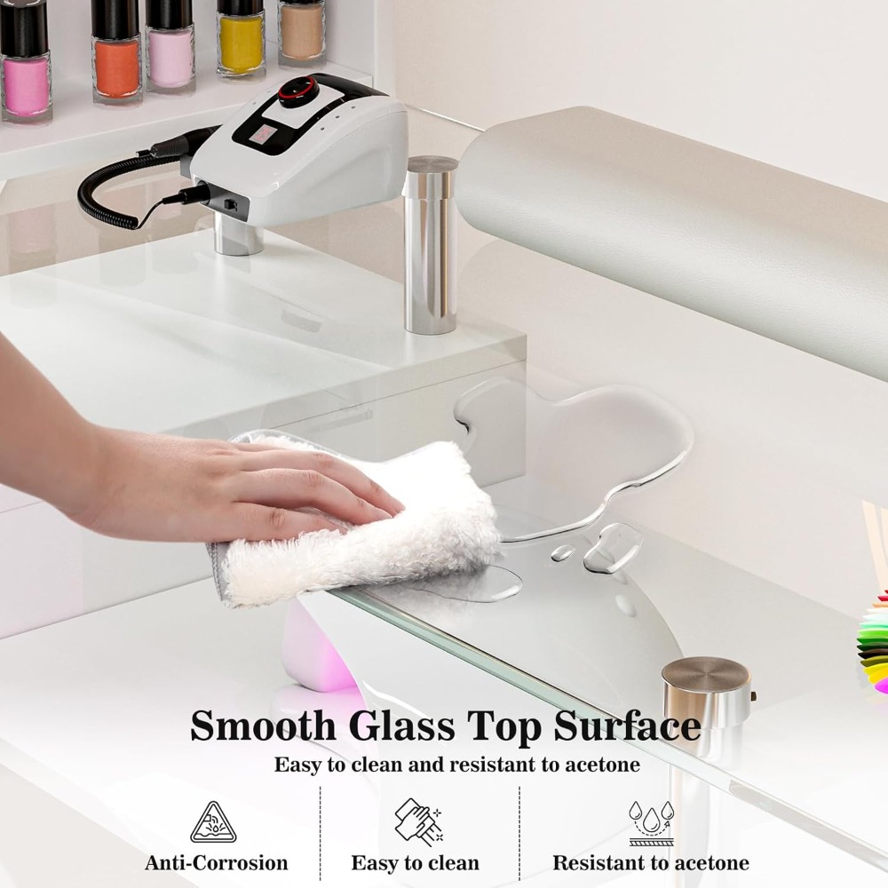 Manicure Table Nail Desk for Nail Tech, Glass Top Nail Table Station Acetone Resistant w/Storage Drawers & Open Shelves